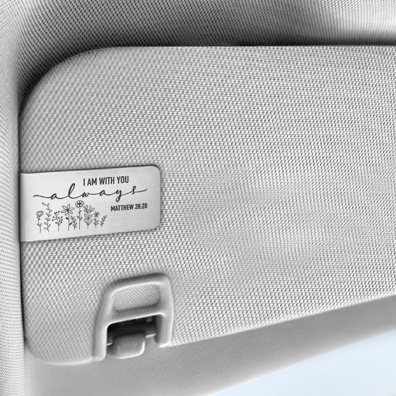 PUVOXHO I Am with You Always Engraved Stainless Steel Car Visor Clip, Matthew 28:20 Sign, Travels Visor Car Accessories, Funny Religious Gifts for Women Men Family Friend, New Driver Gifts - Image 3